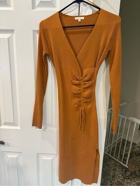 Flying Tomato Rust Ribbed Long Sleeve Midi Dress with Front Ruched Tie